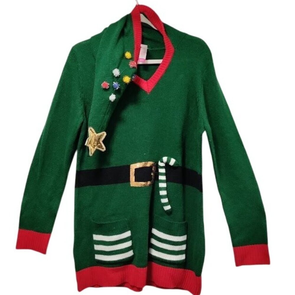 No Boundries Ugly Christmas Sweater Santa Christmas Tree Star Hood  Adult M/L